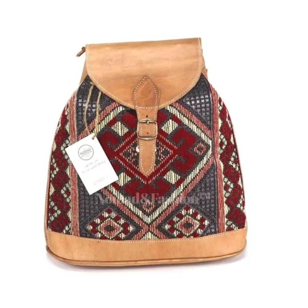 Handmade Backpack Rustic Boho Style Leather With Kilim